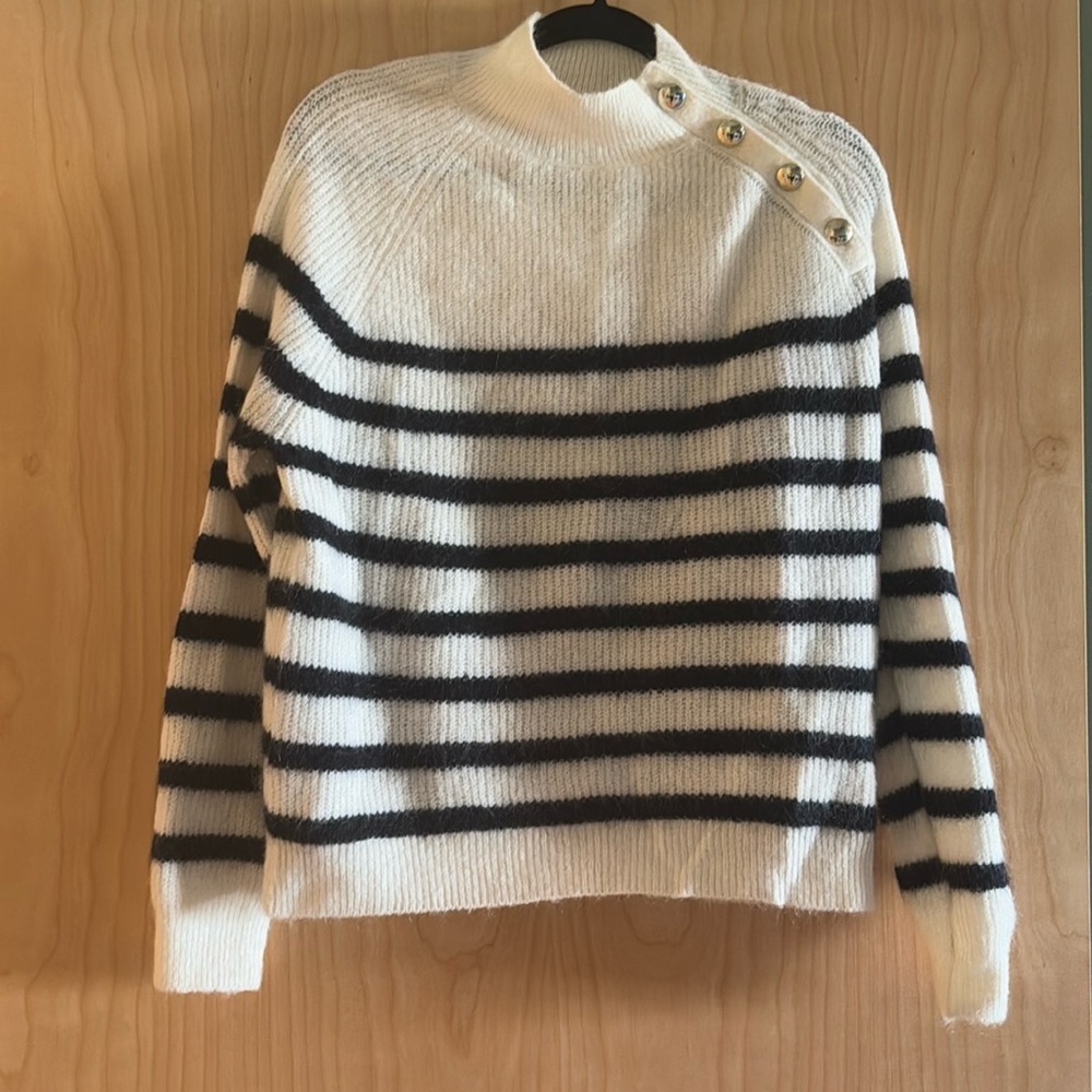 Sezane White Navy Blue Stripe Sweater with gold buttons, size Small